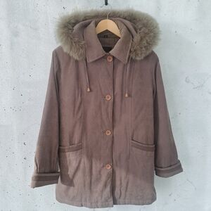 Vintage Fox Fur Trim Taupe Hooded Sequence Winter Coat